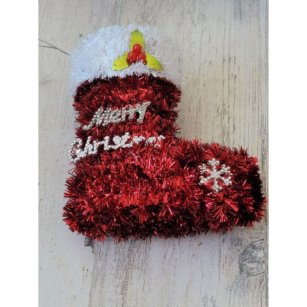 Merry Christmas red stocking boot mistletoe ornament Xmas